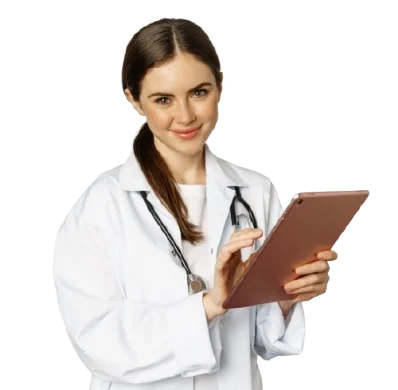 Young female doctor wearing white coat and stethoscope holding a tablet and smiling